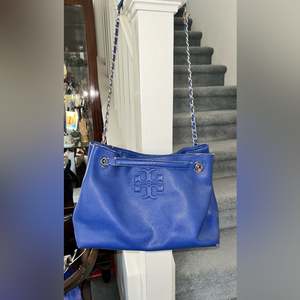 Blue pebbled slouch Tory Burch bag